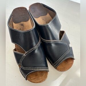Vintage Bastad Toffeln wooden leather clogs size 39 navy